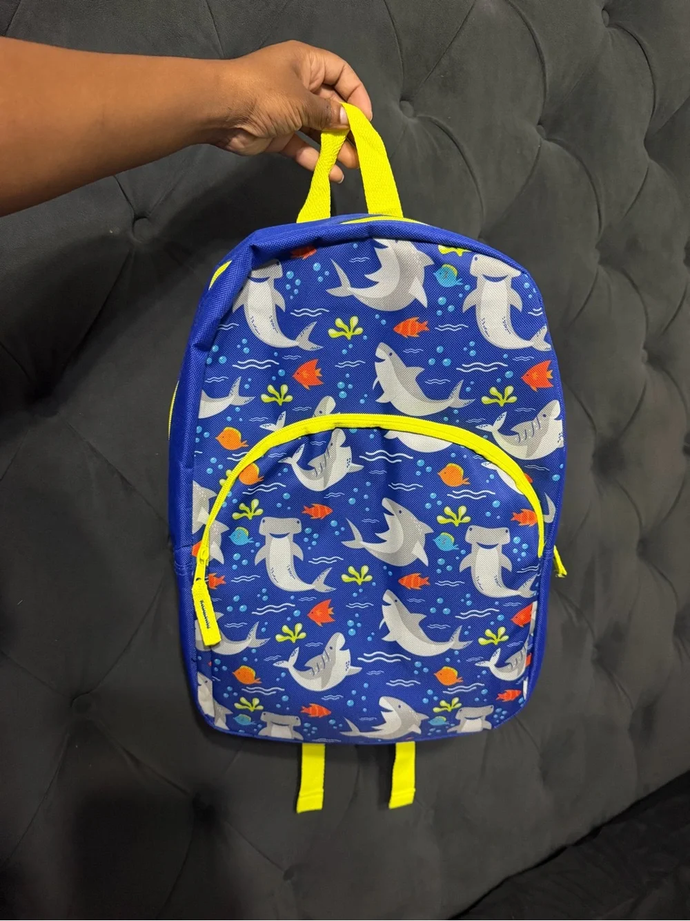 Kids Shark Print Blue Backpack with Yellow Accents
